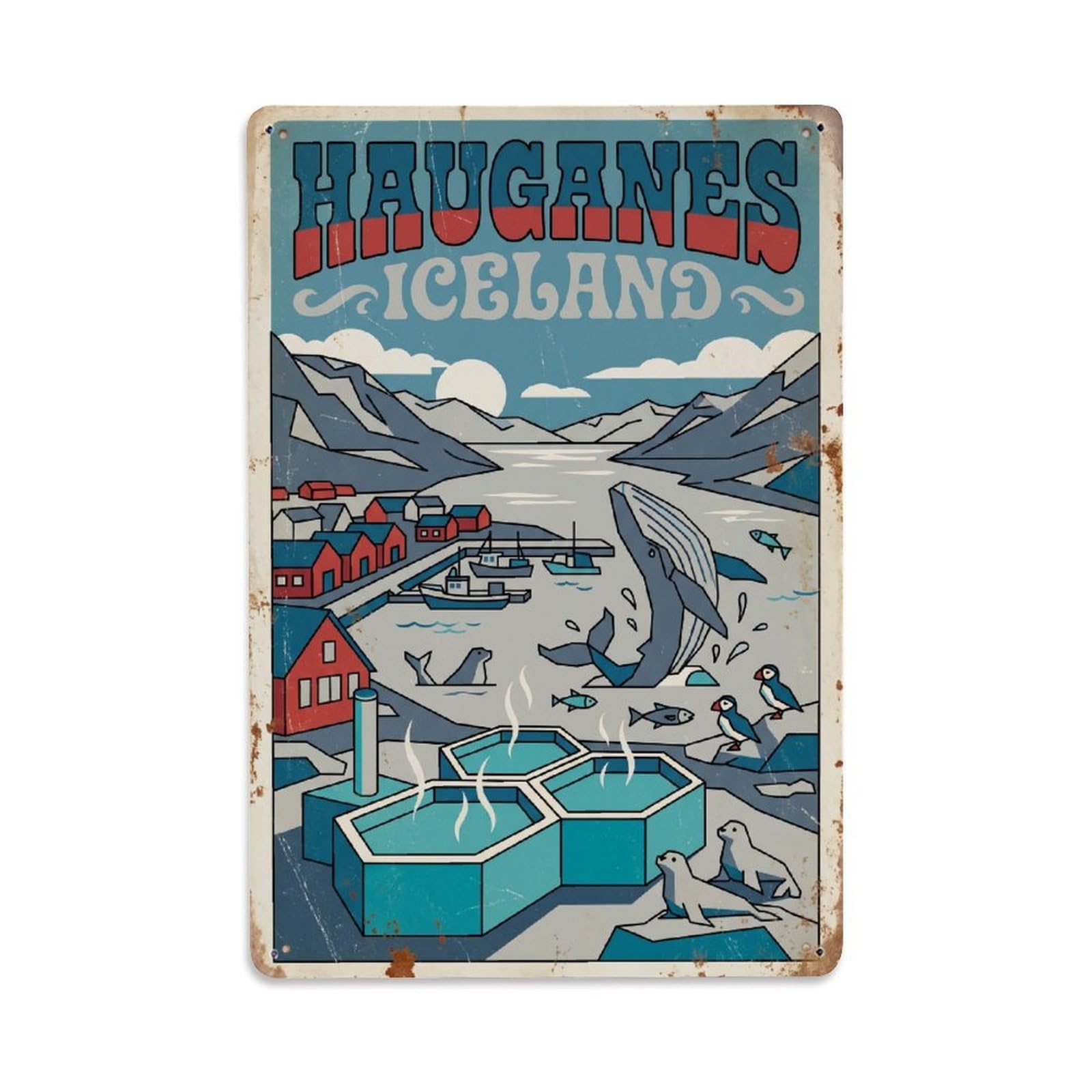 Vintage Travel Hauganes Iceland Whale Metal Tin Sign