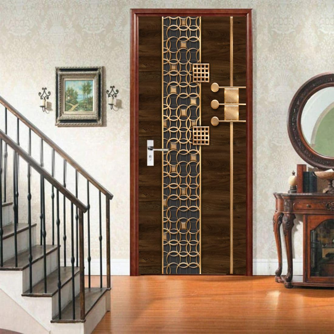 MKP Wallpaper 3D Door Sticker, Vinyl, Glossy Finish, Floral Pattern, Self-Adhesive, Waterproof, Peel & Stick, 86x198 cm (Brown & Gold 3D)-image-44