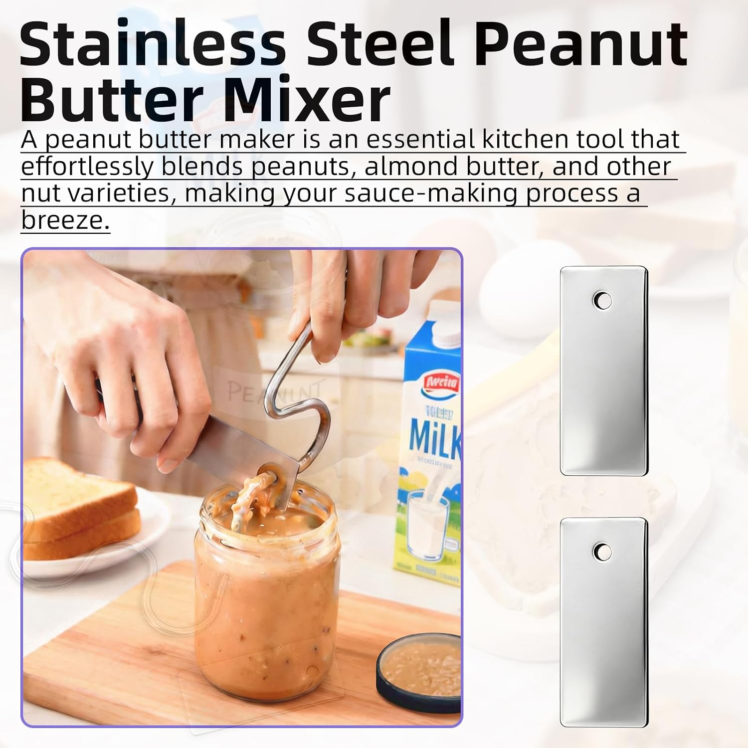 3 Pcs Peanut Butter Stirre with 3 Silicone scraper, Multipurpose Stainless Steel Nut Butter Manual Churner Gadgets Jam Stirring Tools, for Various Organic Peanut Butter, Almond, Cashew