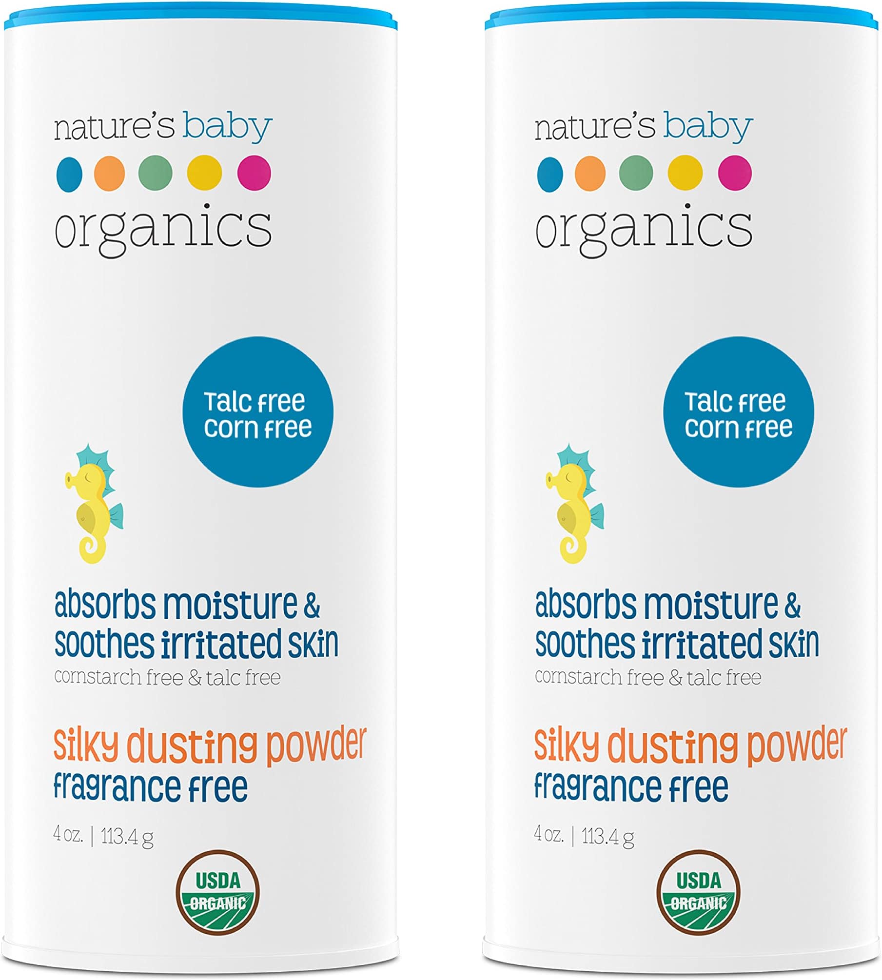 Nature's Baby Organics Baby Powder Corn Free/Talc Free Diaper Dusting Powder with Aloe Soft Gentle 100% Organic Baby Powder Hypoallergenic Fragrance Free, 4 oz Each, 2 PackUSDA Organic
