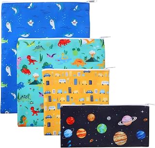 Paterr 4 Pcs Reusable Snack Bags for Kids, Washable Sandwich Bags,Dinosaur | Food Safe, Reusable Design, Zip Closure, Washable, Sandwich Storage, Snack Storage, Lunch, Kids, School, Travel, Picnic
