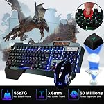 Jeu sans fil Clavier et souris,Rainbow Backlit Souris de clavier rechargeable avec 3800mAh Panneau en métal de batterie, Repos mécanique amovible de la main et 7 Mute souris de jeu couleur pour PC Joueurs