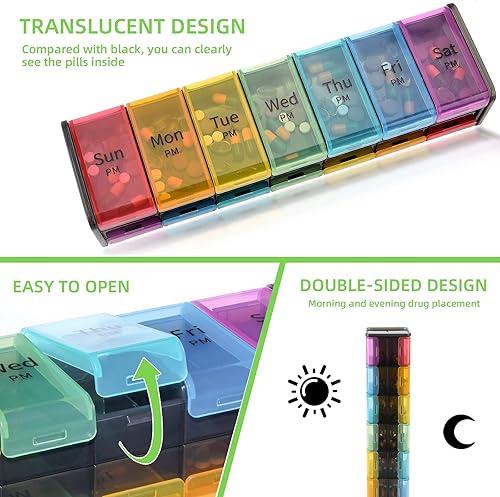 Miniatura 4 de Organizador de pastillas semanal extra grande, pastillero AM/PM de 7 días con compartimento XXL para aceites de pescado, organizador de medicamentos