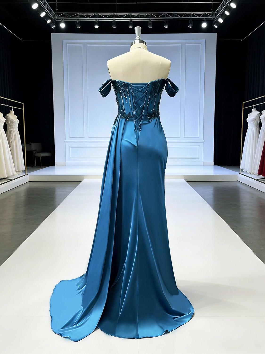 Women's Lace Applique Satin Prom Dresses 2026 Sparkly Off The Shoulder Mermaid Formal Evening Gowns P05 - Image 6