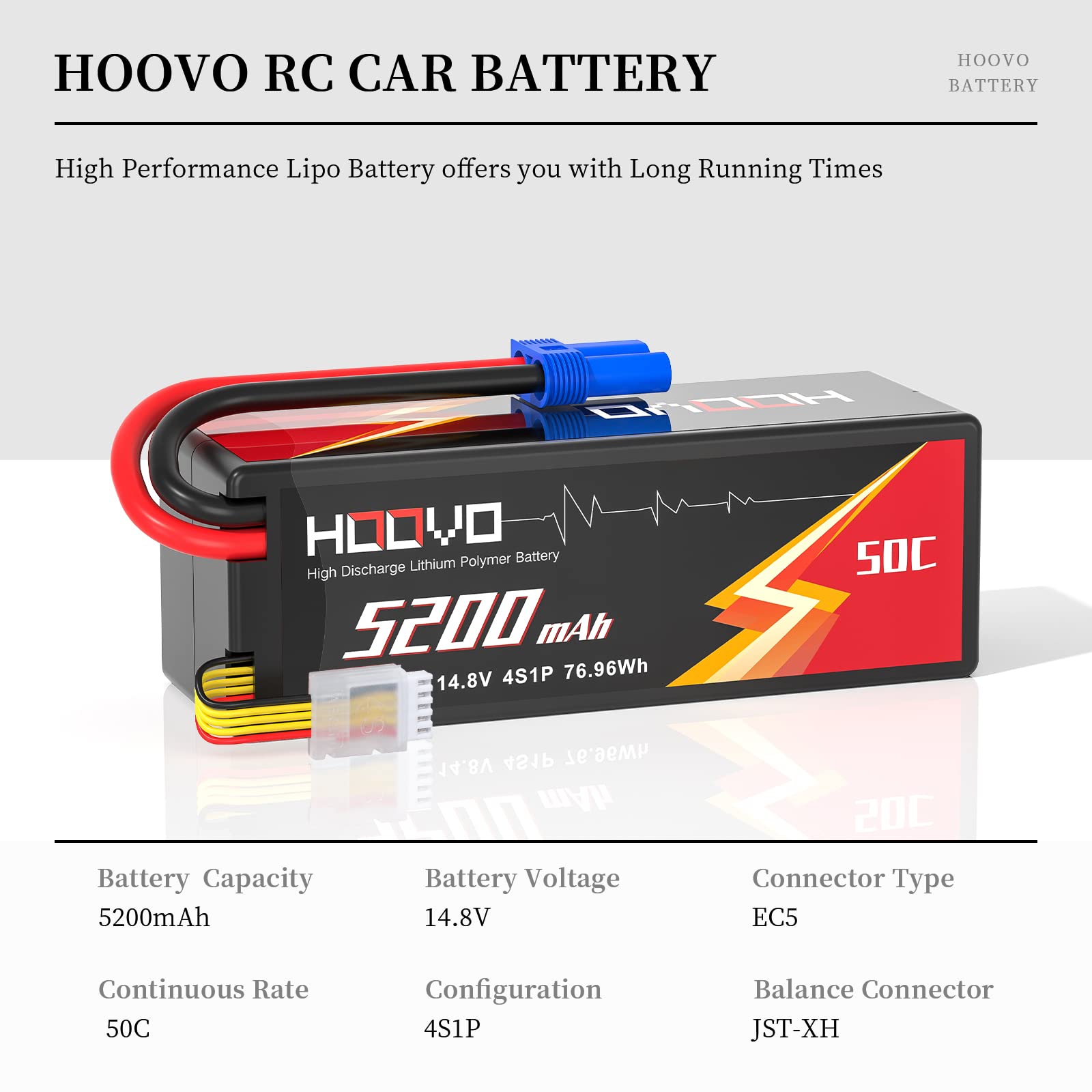 HOOVO Batteria Lipo 4S 14,8 V 50 C 5200 mAh RC con spina EC5 per RC Buggy Truggy Crawler Monster Car Boat 1 confezione