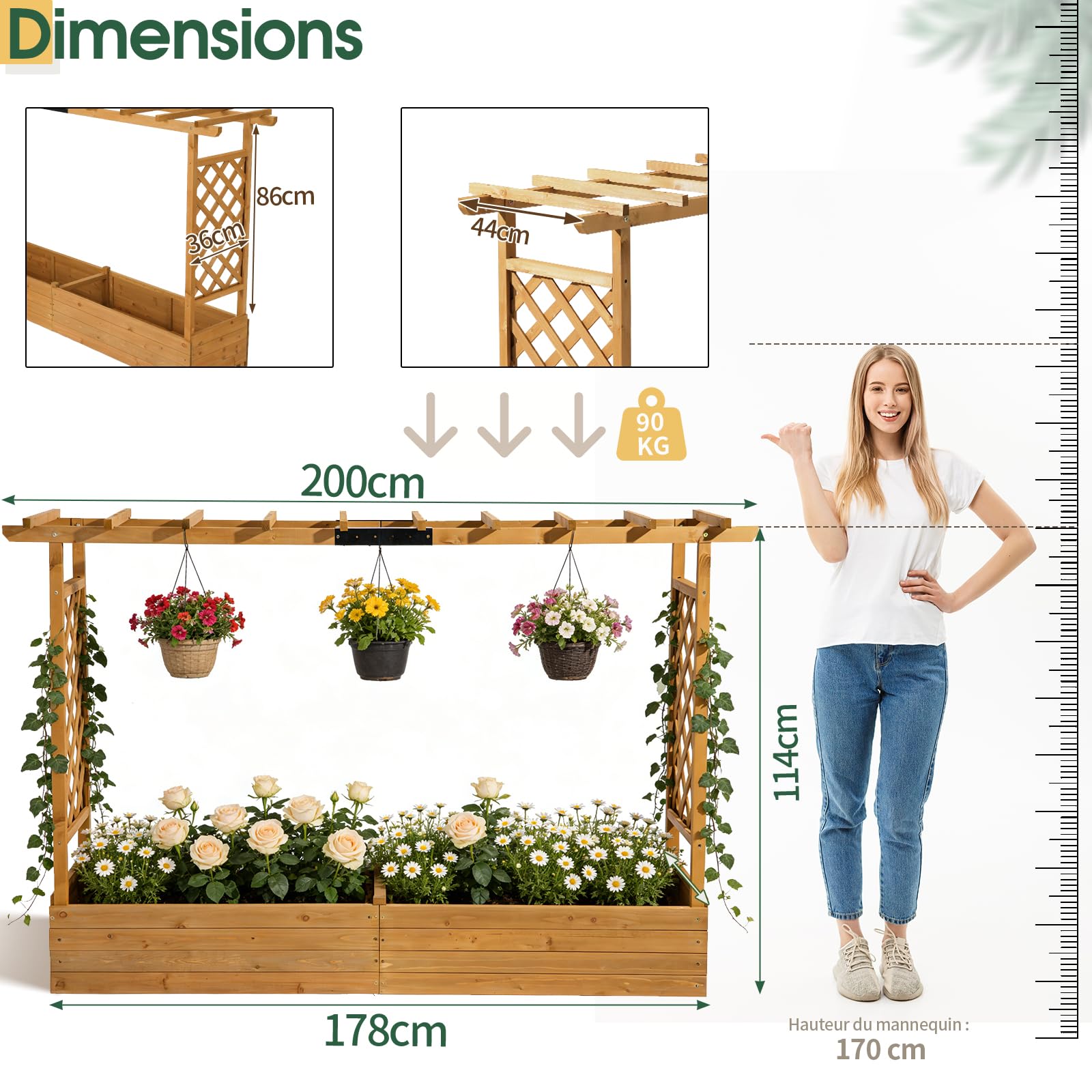 LEADZM Jardinières surélevées pour balcons, jardinière avec Treillis pour Jardins - pour Plantes grimpantes, légumes, Fleurs, extérieur (Version étendue(200 x 45 x 113 cm))