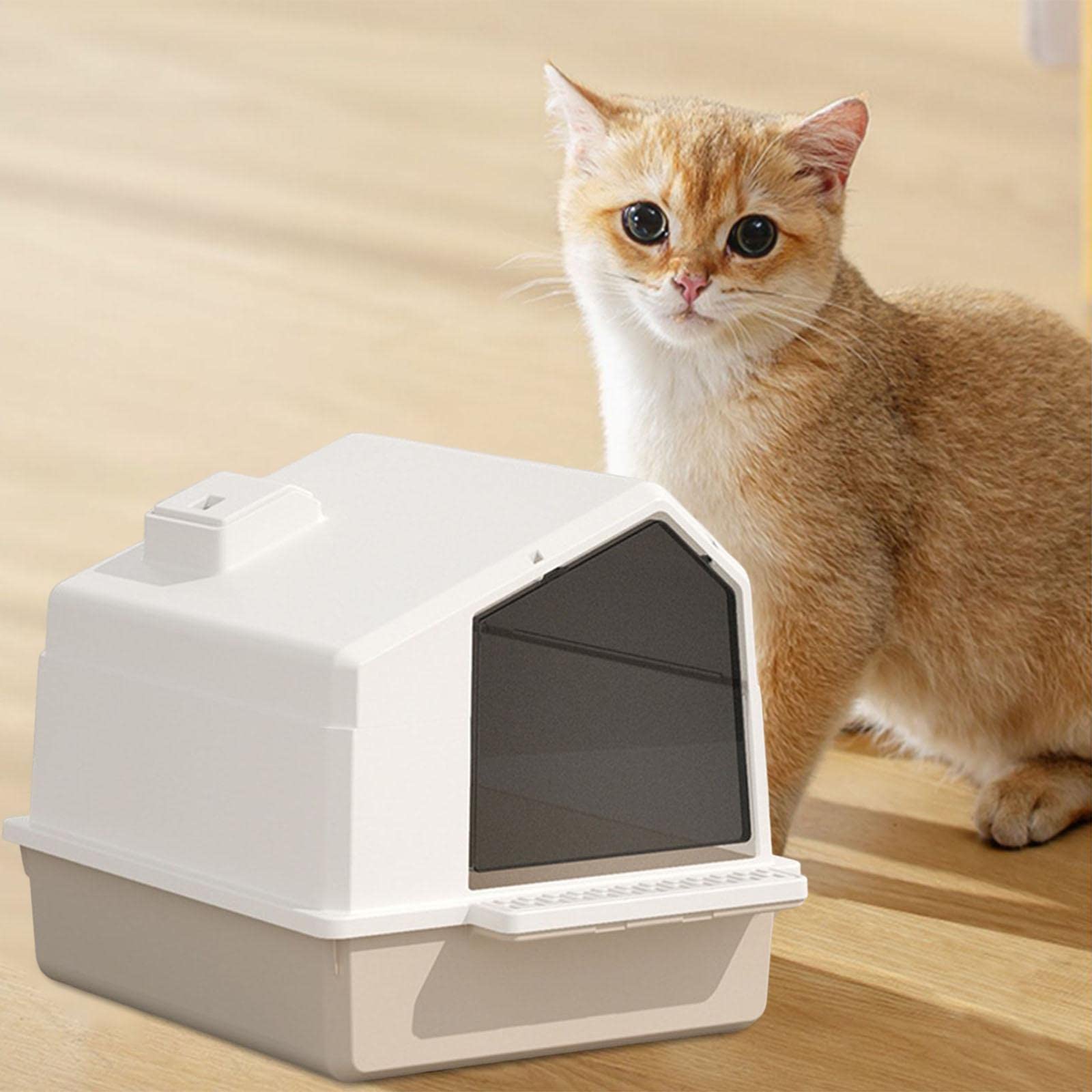 Arenero Grande para Gatos, Integrado, con Tapa Y Pala Incorporada - Fácil de Limpiar - Fabricado en PP - Práctico para Gatos de Interior, marrón