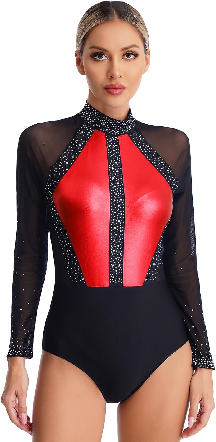 FEESHOW Women's Shiny Rhinestone Ballet Gymnastics Dance Leotard Long Sleeve Rhythmic Gymnastics Bodysuit
