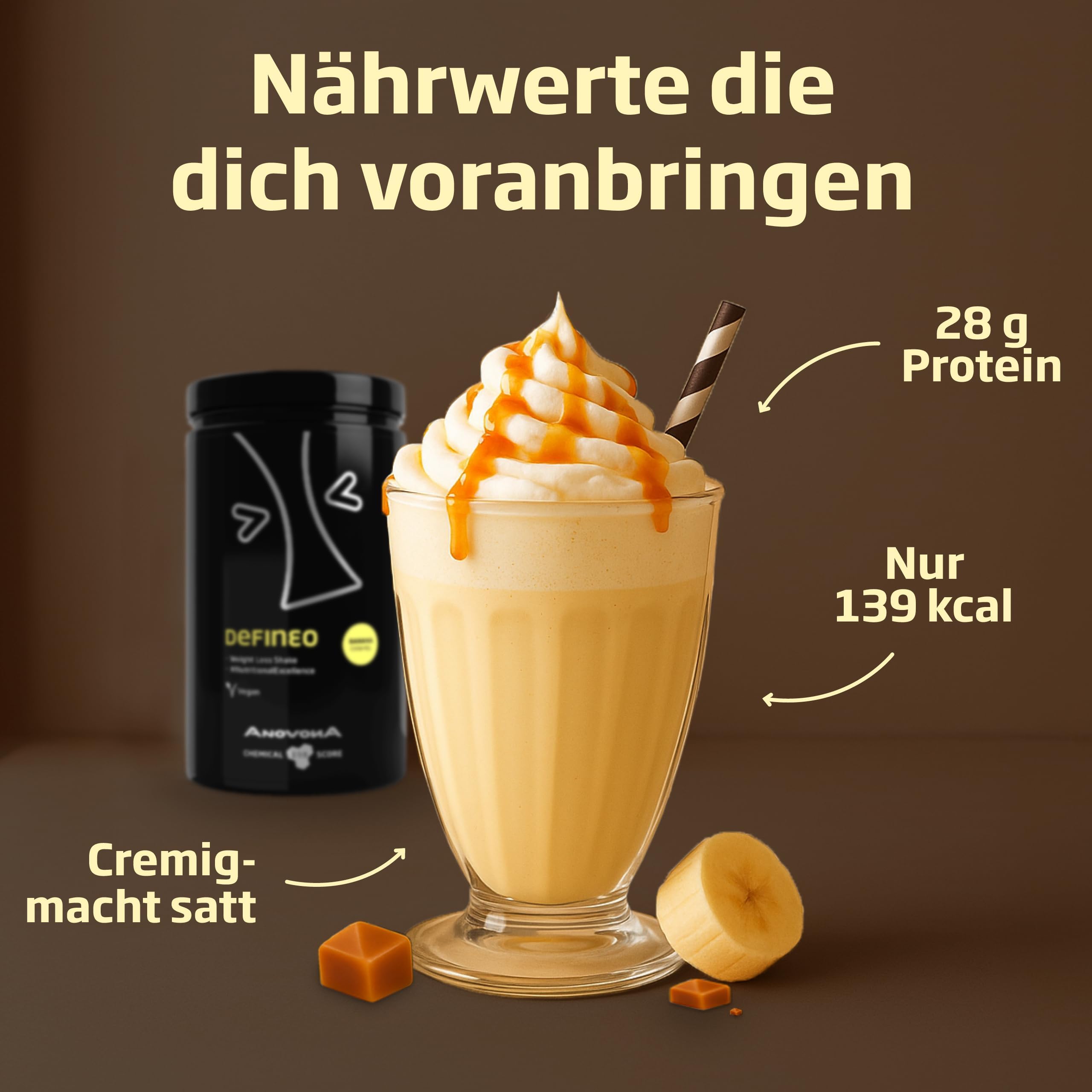 AnovonA defineo Proteinpulver: Effektiver Gewichtsverlust & Muskelaufbau mit sättigendem Mahlzeitenersatz – Reich an Vitaminen, Mineralstoffen & Glucomannan- Glutenfrei | Banana-Caramel, 560 g.