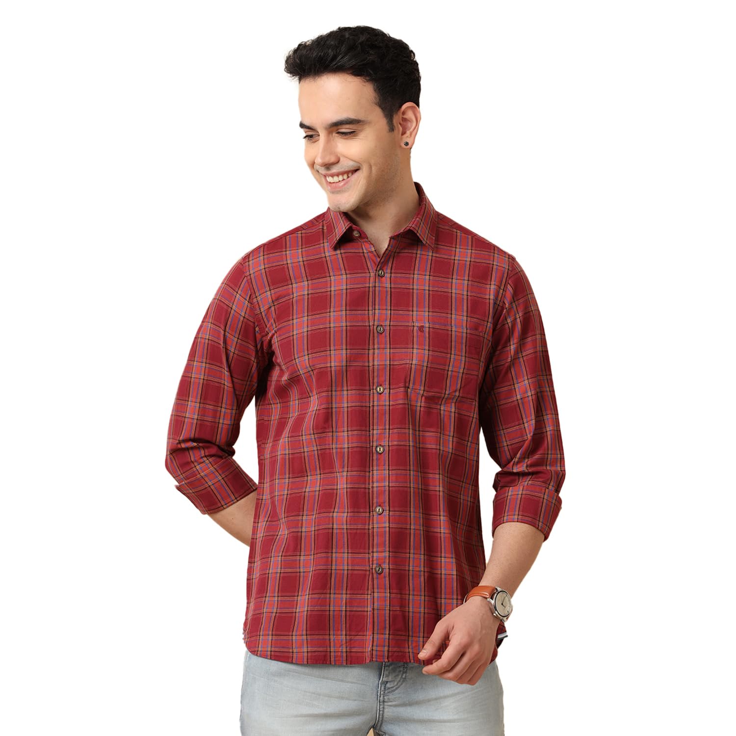 Cavallo by Linen ClubMen's Maroon Checked Slim Fit Full Sleeves Cotton Linen Casual Shirt