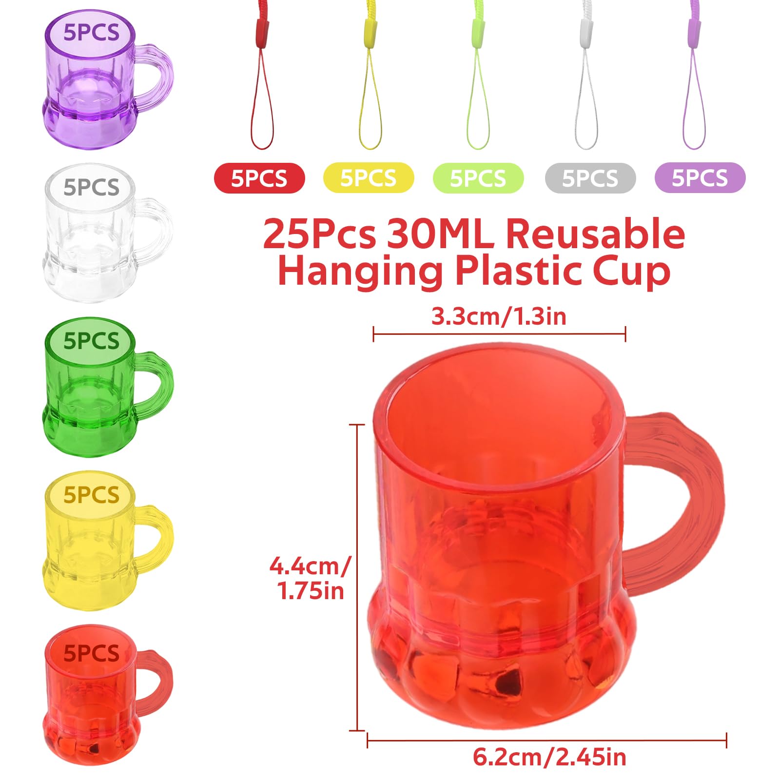 25 Pezzi Bicchieri Da Shot con Manico, 30ml Riutilizzabili Bicchieri Da Liquore con Catena Da Appendere, Collana Da Sposa per Addio Al Celibato, Carnevale, Accessori, Carnevale, Feste (5 Colori)