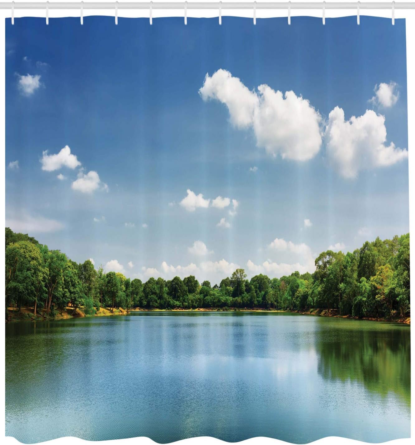 Ambesonne Landscape Shower Curtain, Calm River Landscape Among Rainforest in South Asia Sunny Sky Peace Print, Cloth Fabric Bathroom Decor Set with Hooks, 69" W x 70" L, Blue Green White