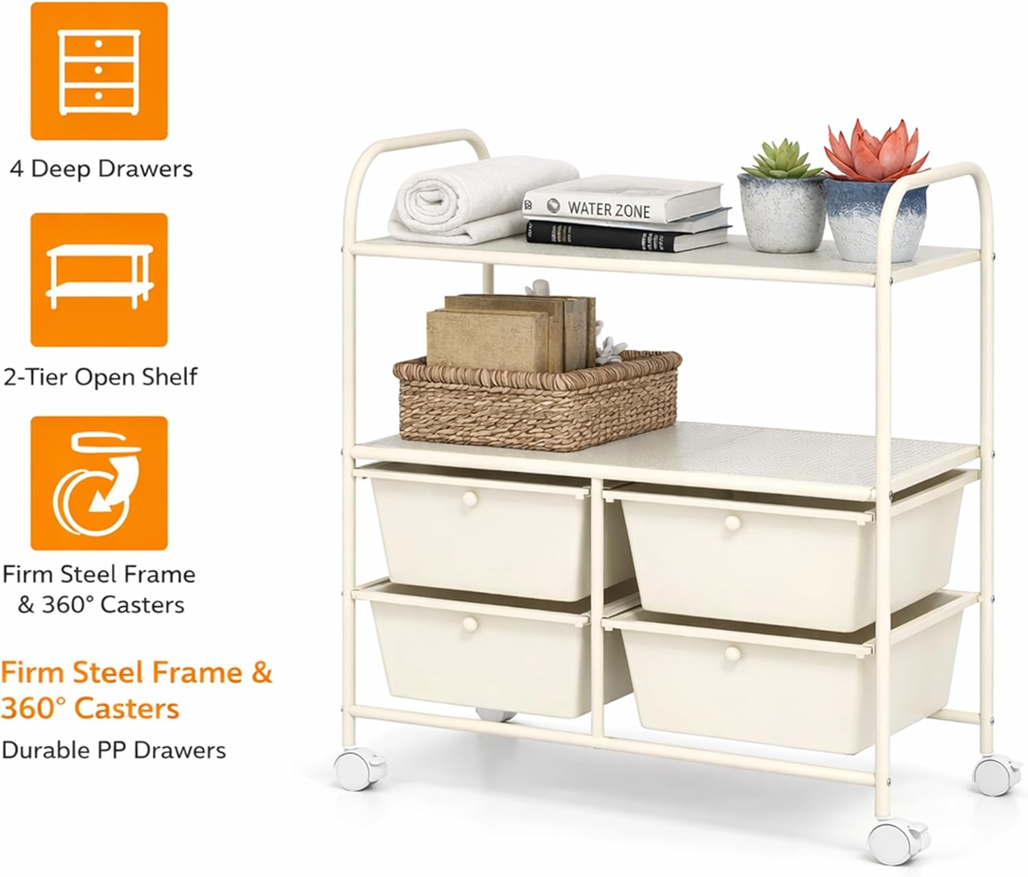 4-Drawer Mobile Storage Cart with 2-Tier Shelf | Rolling Steel Utility Organizer on Wheels for Office & Kitchen, White PP Drawers