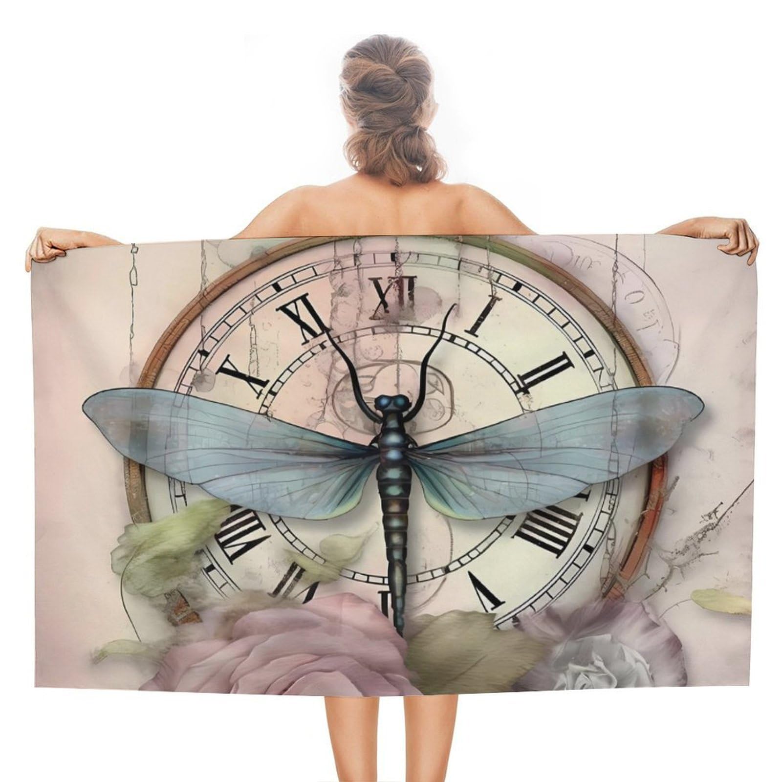 CGSBNGHA Clock Dragonfly Rose Beach Towels Soft Bathroom Bath Pool Swim Towels for Women Men