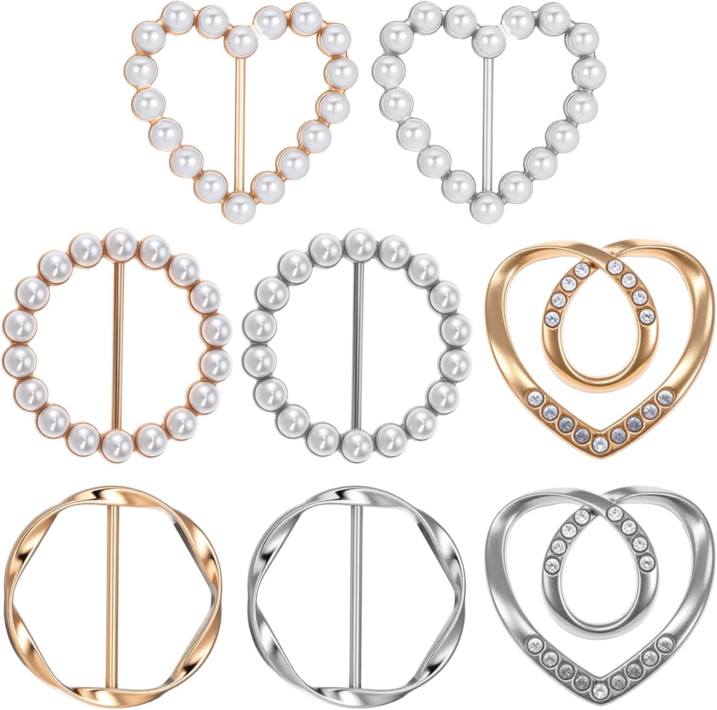 8 Pcs Scarf Ring Clip 4 Styles Fashion Metal Round Circle T-Shirt Tie Clips Rhinestone Scarf Buckle Clothing Tops Side Waist Tightener Cincher Knot Holder Pearl Shawl Pins for Women Gifts