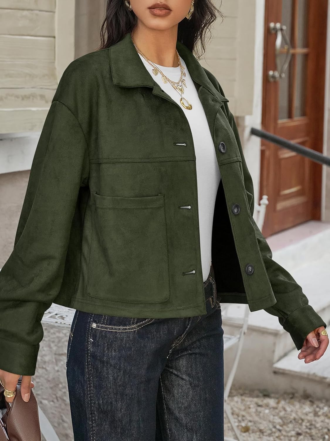 Tankaneo Womens Cropped Faux Suede Leather Jackets Lapel Collar Button Down Short Coats Fall Winter Vintage Trendy Shackets - Image 3