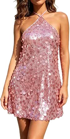 Lizxun Women Glitter Sequin Dress Halter Neck Sleeveless Mini Dress