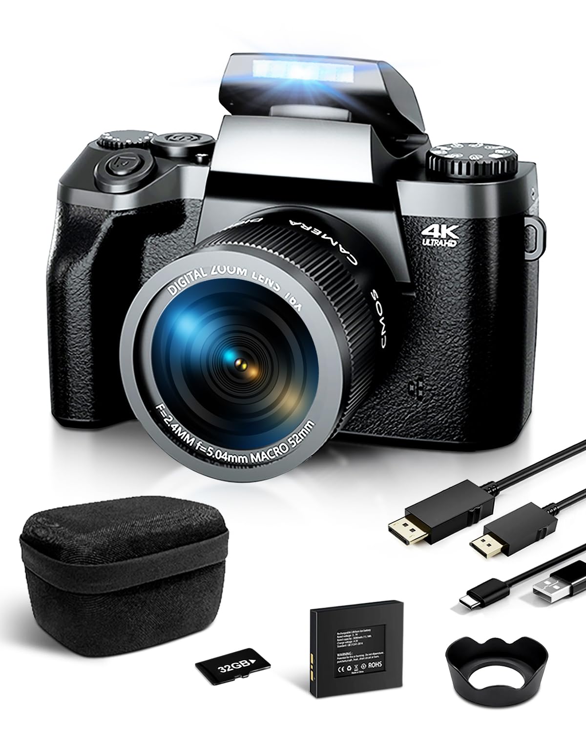 Ade Fotocamera digitale 4K 64MP con touchscreen da 4,0'', fotocamera compatta con zoom digitale 16X per viaggi, vlogging, funzione WiFi, cavo HDMI, borsa per fotocamera, scheda da 32 GB