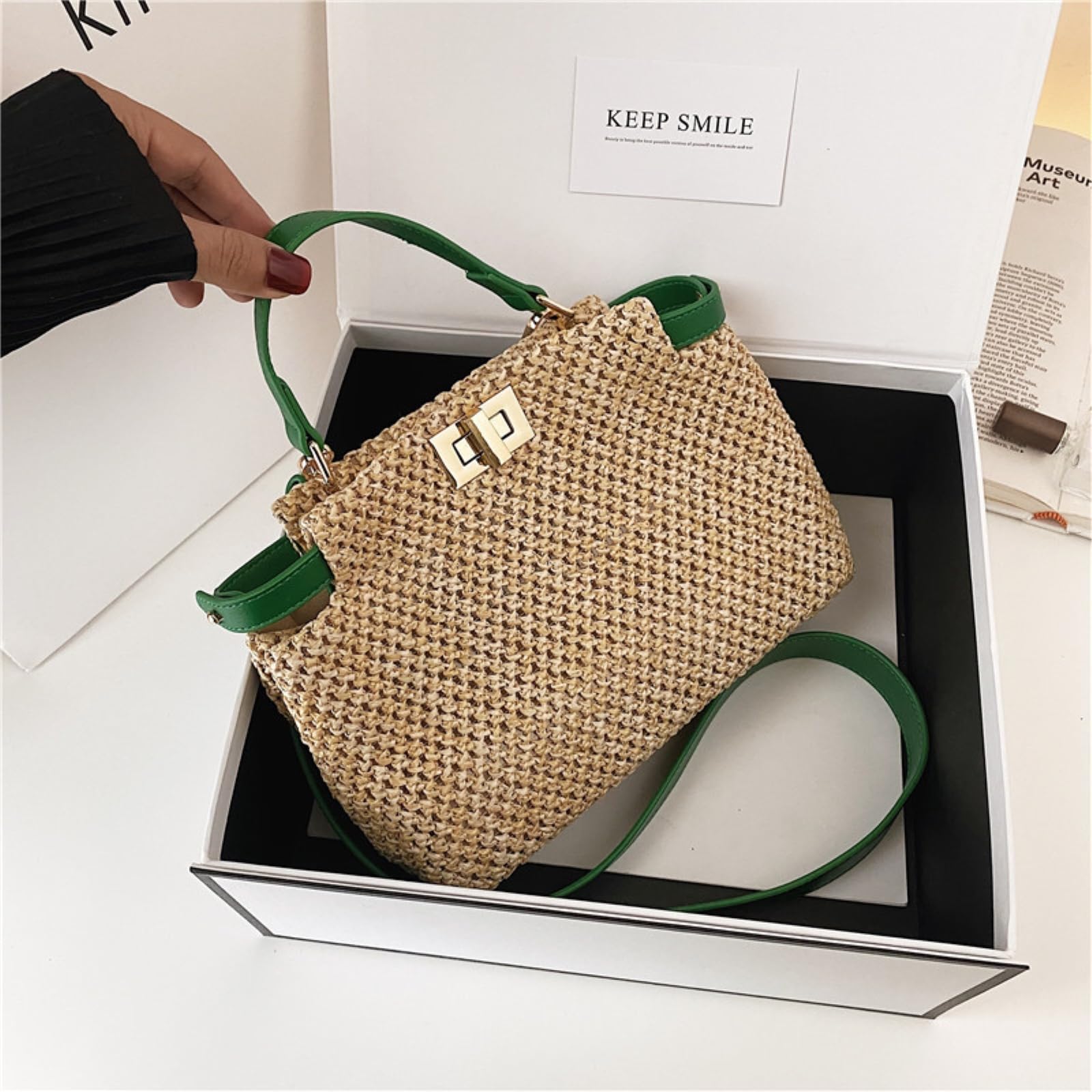 Strandtasche Crossbody Taschen Für Frauen Bohemian Gewebt Strohtasche Schultertasche Handtasche-Green Shoulder Bag
