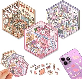 Scrapbooking Supplies Kit,DIY 3D Stickers Scene,3 Set Funny DIY Sticker Scenes,Make Your Own Cute 3D Miniature Room Scene Stickers for Adults Relief Stress Pass The Time.20-1-2