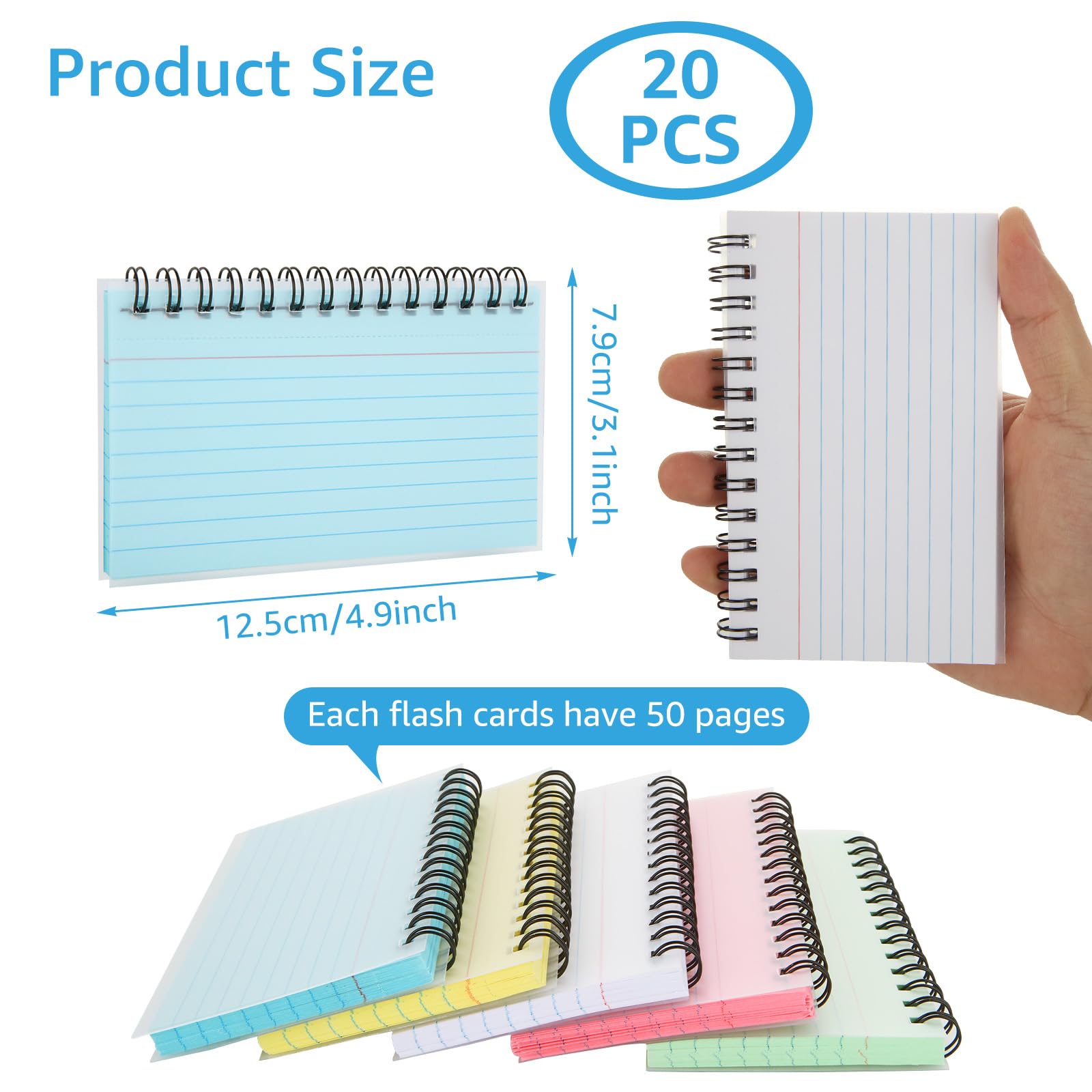 DAJAVE 20 Pack Flash Cards 1000 Sheets Revision Cards Spiral Bound Flashcards for Revision Index Card 5 Colors Lined Study Cue Card for School Office and Home (5x3 inch) - Image 2