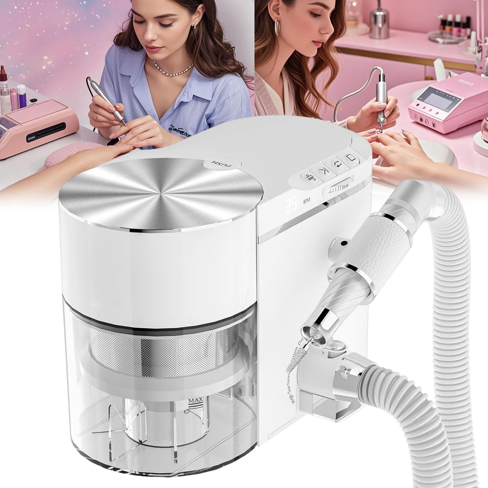 Sunseota Electric Nail Drill, 2-in-1 Electric Nail Drill Nail Dust Collector & Nail Drill Machine Kit – 30000rpm with Strong Suction Nail Dust Vacuum Cleaner, Brushless Motor, Easy Clean White