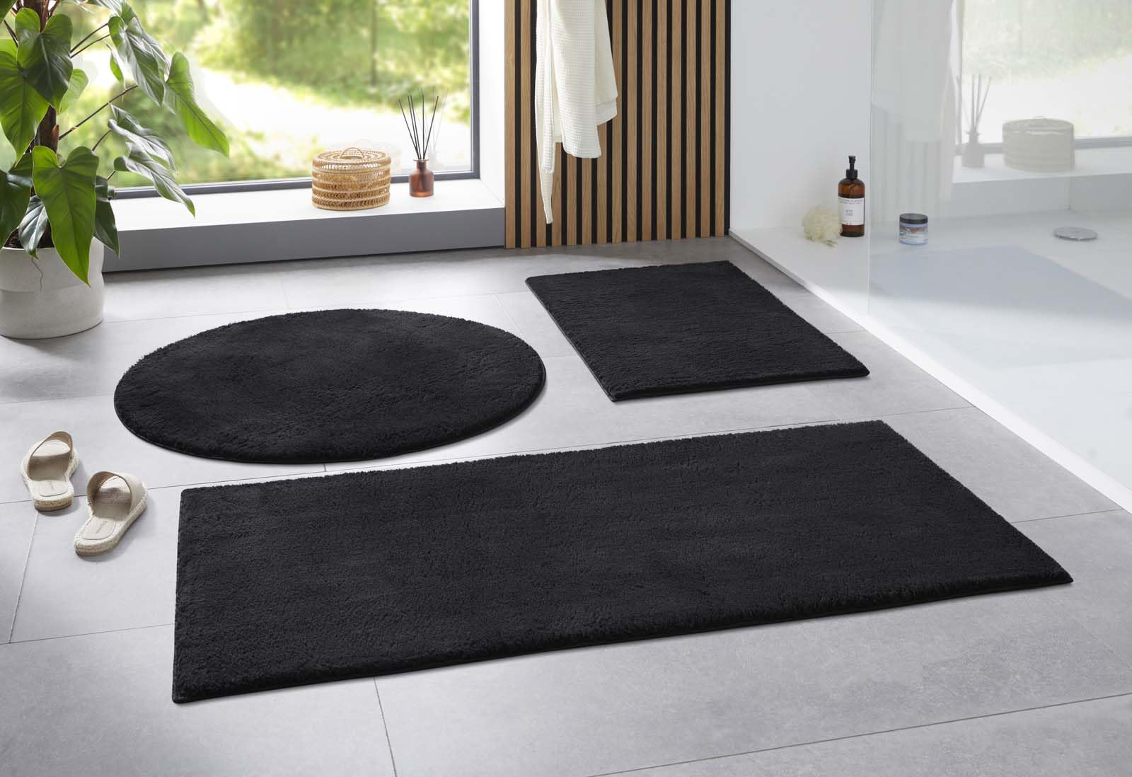 Taracarpet Badematte Uni Boho rutschfest, waschbar, Badezimmer-Teppich, Bad-Vorleger, WC Deko, Duschvorleger für Dusche und Badewannen weich und als Set kombinierbar New Schwarz 080 cm rund