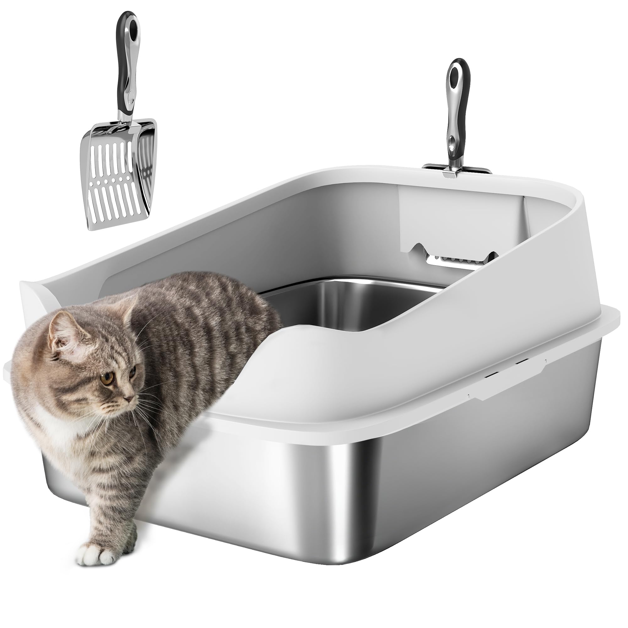 PawHut Arenero para Gatos de Acero Inoxidable XL, Caja de Arena para Gatos, Arenero con Borde Alto, Pala Metálica, Fácil de Limpiar, Prueba de Fugas, 60,2x40,2x29,7 cm, Gris