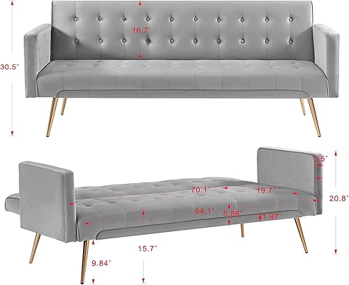 Miniatura 8 de Mdhitsox Moderno sofá cama futón de terciopelo, sofá cama convertible con patas de metal, respaldo ajustable tapizado, asiento reclinable copetudo