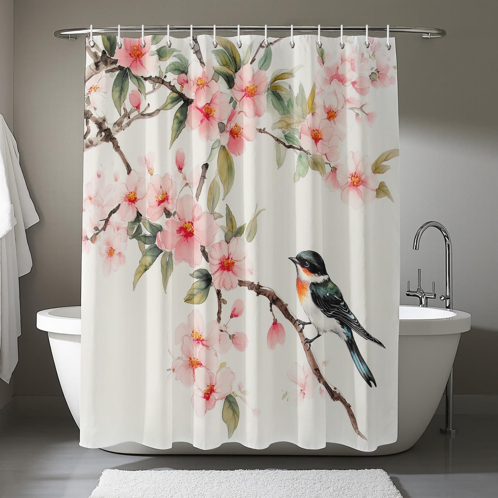 UIYIUI Bird Floral Shower Curtain for Bathroom 83x71in（210x180cm） Spring Watercolor Blossom Flower Bathroom Curtain, Modern Country Garden Plant Waterproof Fabric Decorative Bath Curtains for Home
