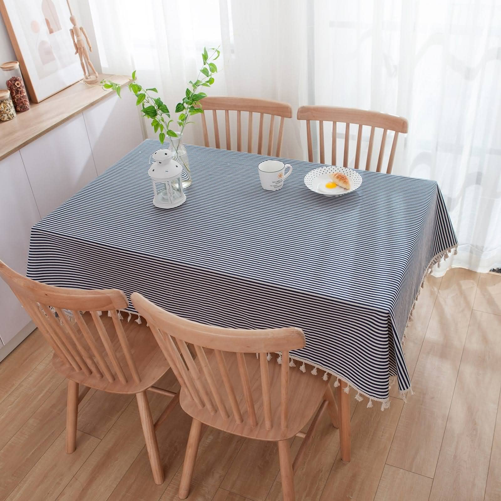 Tovaglia quadrata moderna con strisce blu navy elastico misto cotone lino 140 x 300 cm tovaglia per cucina e sala da pranzo elegante bordo nappa