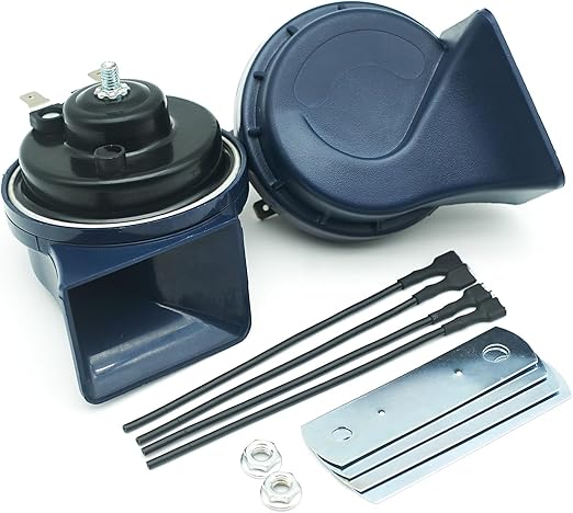 Car Horn 12V Super Loud Electric Waterproof High Low 2 Tone Fit for Any 12 Volt Vehicles Auto Replacement Universal Horn Kit (Blue)