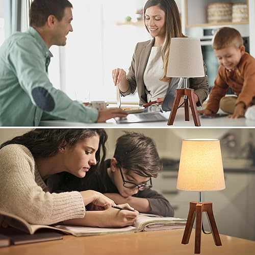 Miniatura 6 de Dreamholder Lámpara de mesa de noche de madera, lámpara de escritorio con trípode con interruptor de encendido y apagado, lámpara de mesita de noche