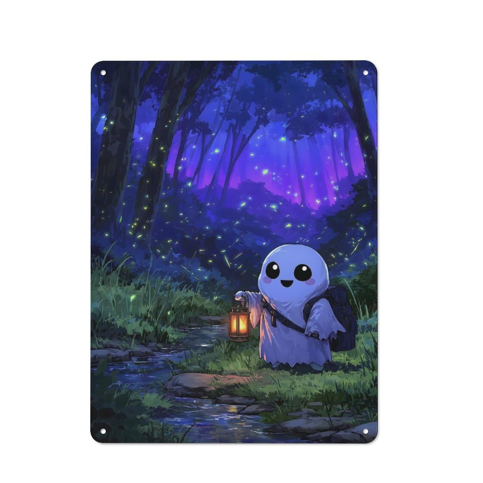 Junmoney Cute Ghost With Lantern In Forest Retro Tin Sign 40X30cm For Garage Or Workshop, For Furnishing A New Garage And Workshop With Retro Decor