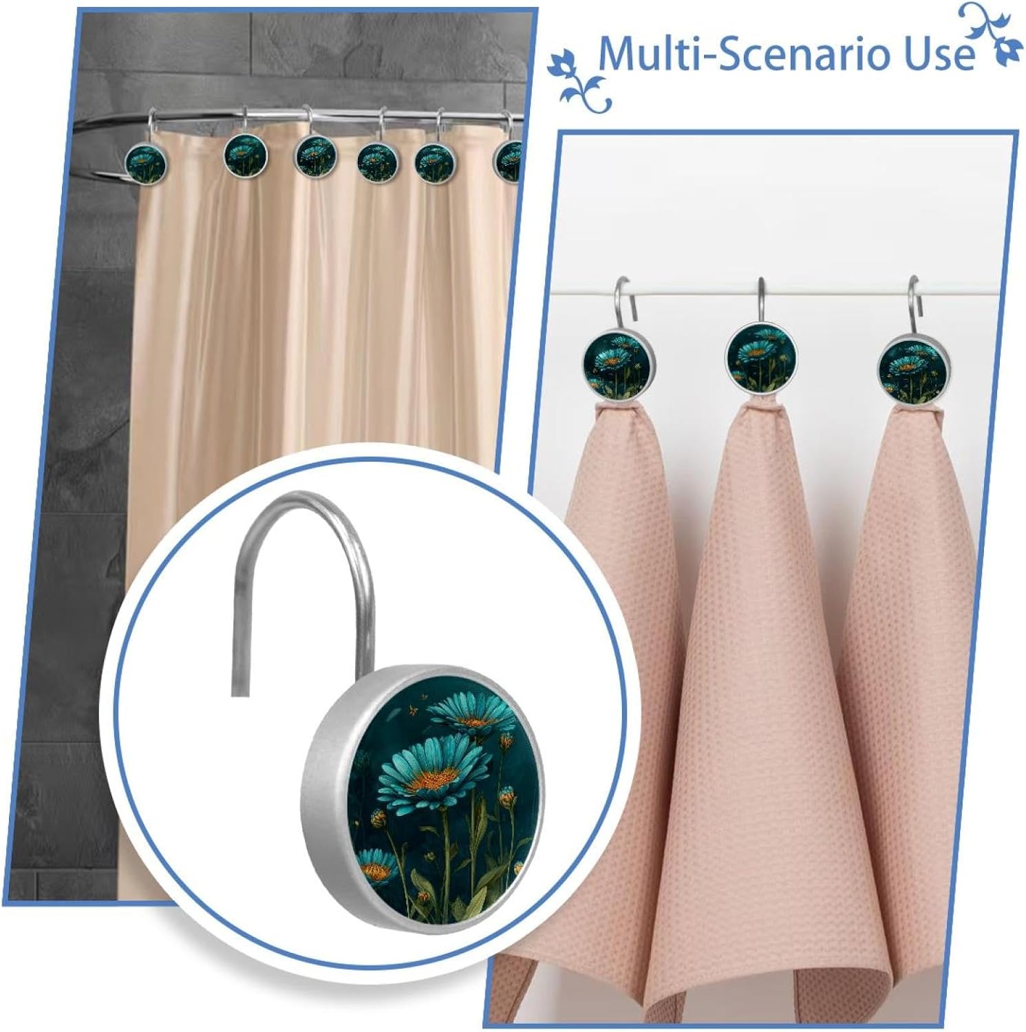 Farm Teal Daisy Round Crystal Glass Decorative Shower Curtain Hooks with 3D Pattern Visual, Rust Proof Shower Curtain Rings-12 Pack