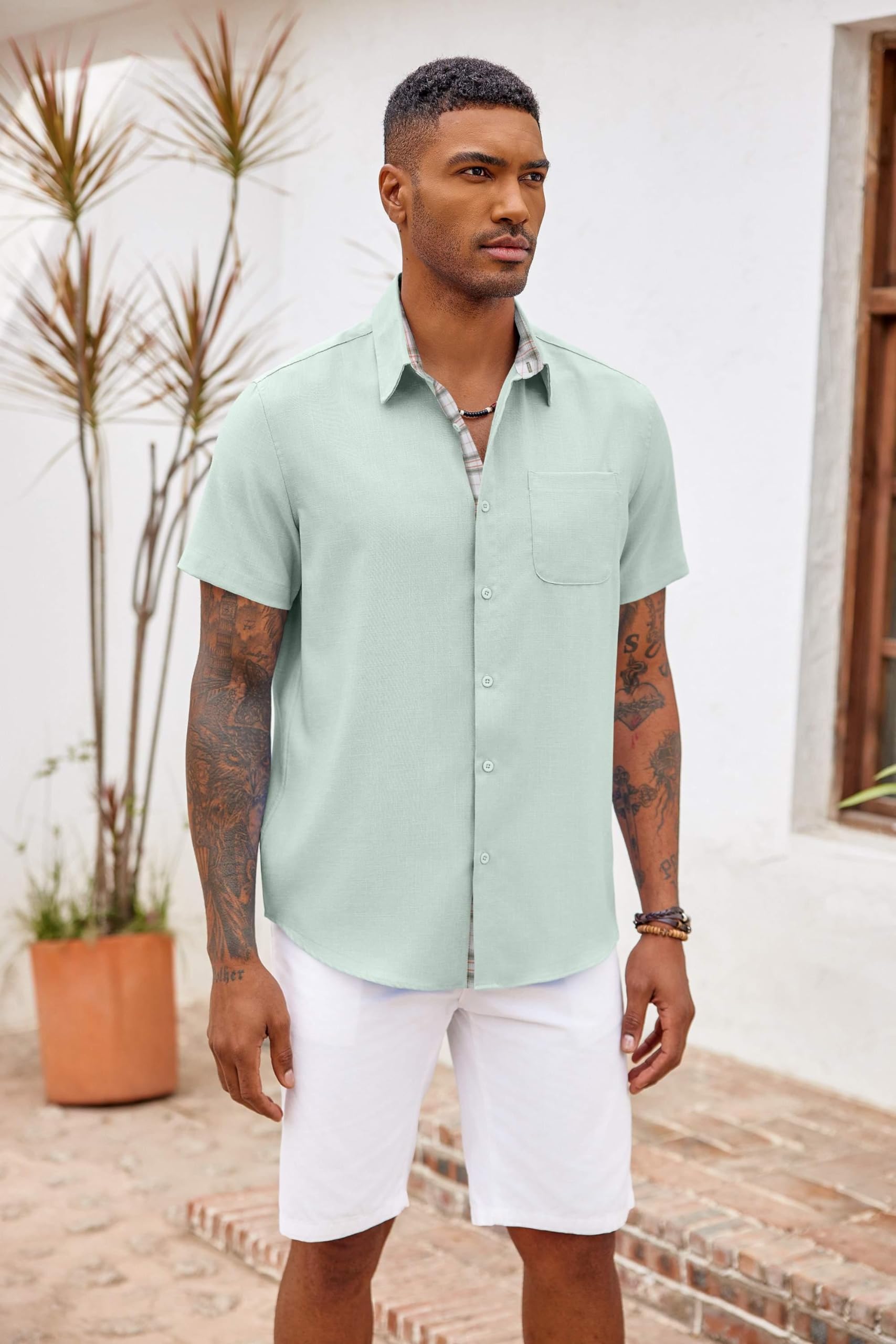 COOFANDY Camicie da uomo con bottoni, a maniche corte, casual, estive, da spiaggia, vacanze, matrimoni, con tasca
