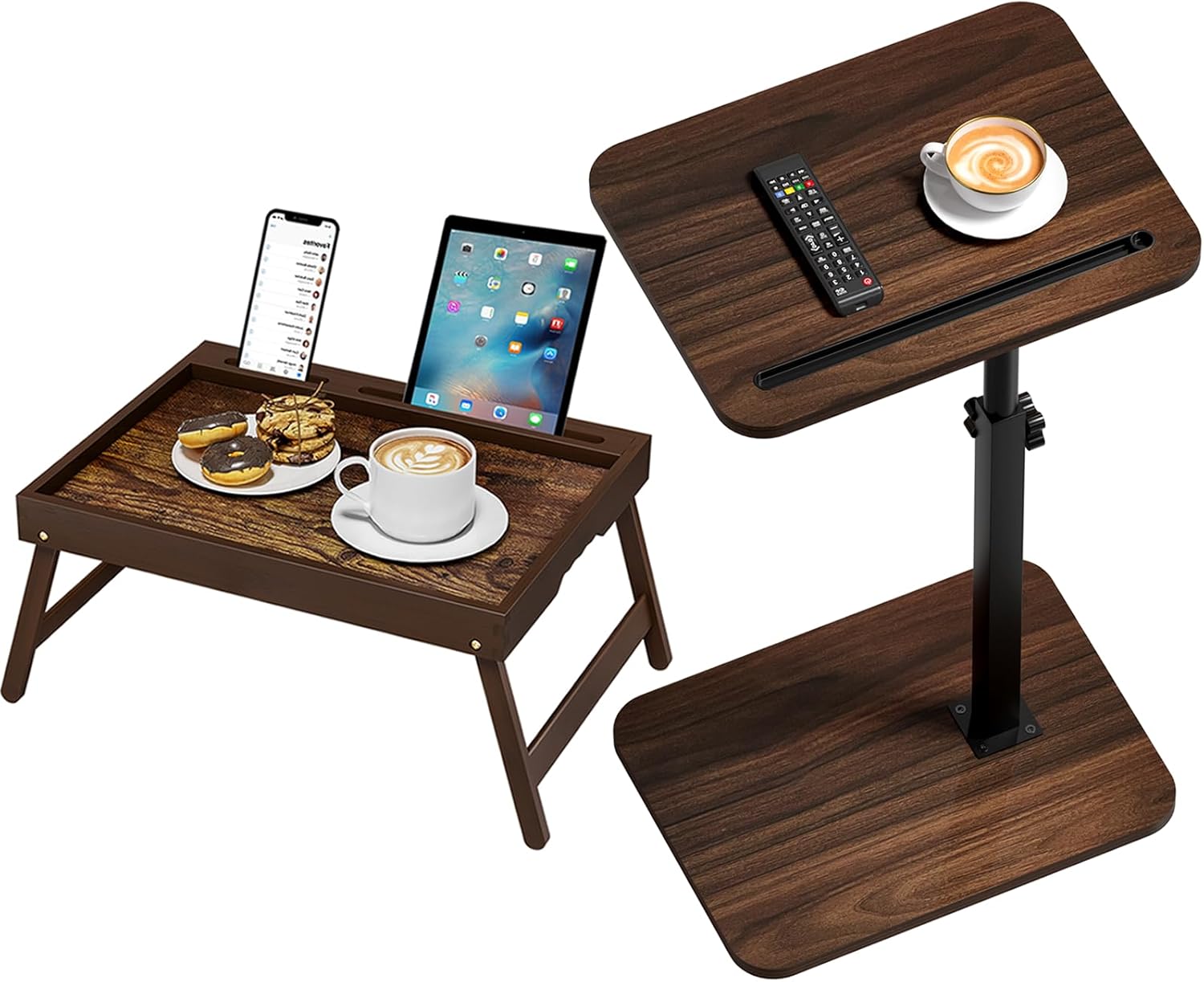 Side Table Sofa Tray for Couch, Bamboo Breakfast Tray with Foldable Legs