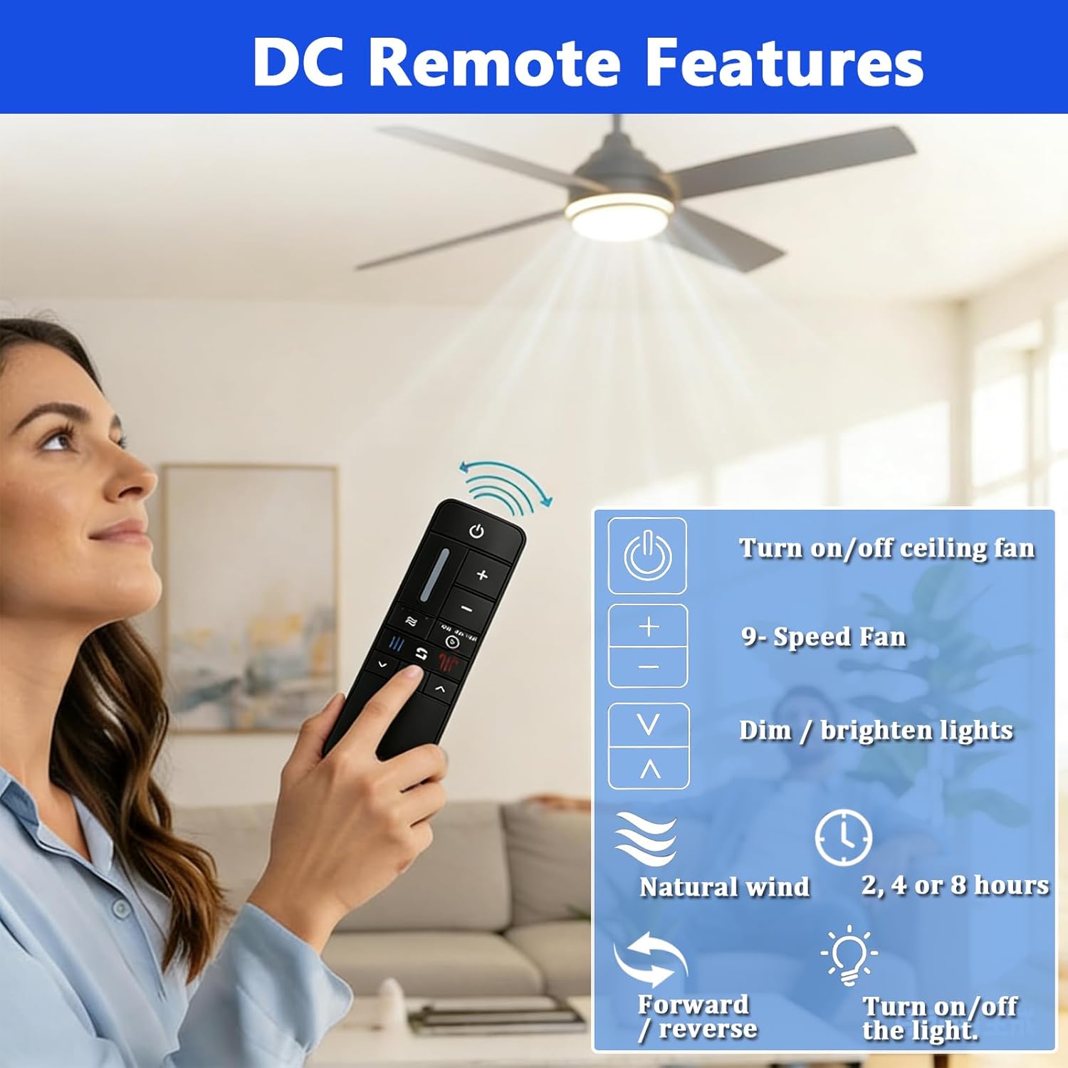 UC7225T Ceiling Fan Remote Control Replacement Home Decorators Collection Kensgrove & Altura DC Ceiling Fans, 9-Speed with Light Dimming for CHQ7225T,TR198A, KUJCE10308, 2AQZU-18012（Only Remote-Black