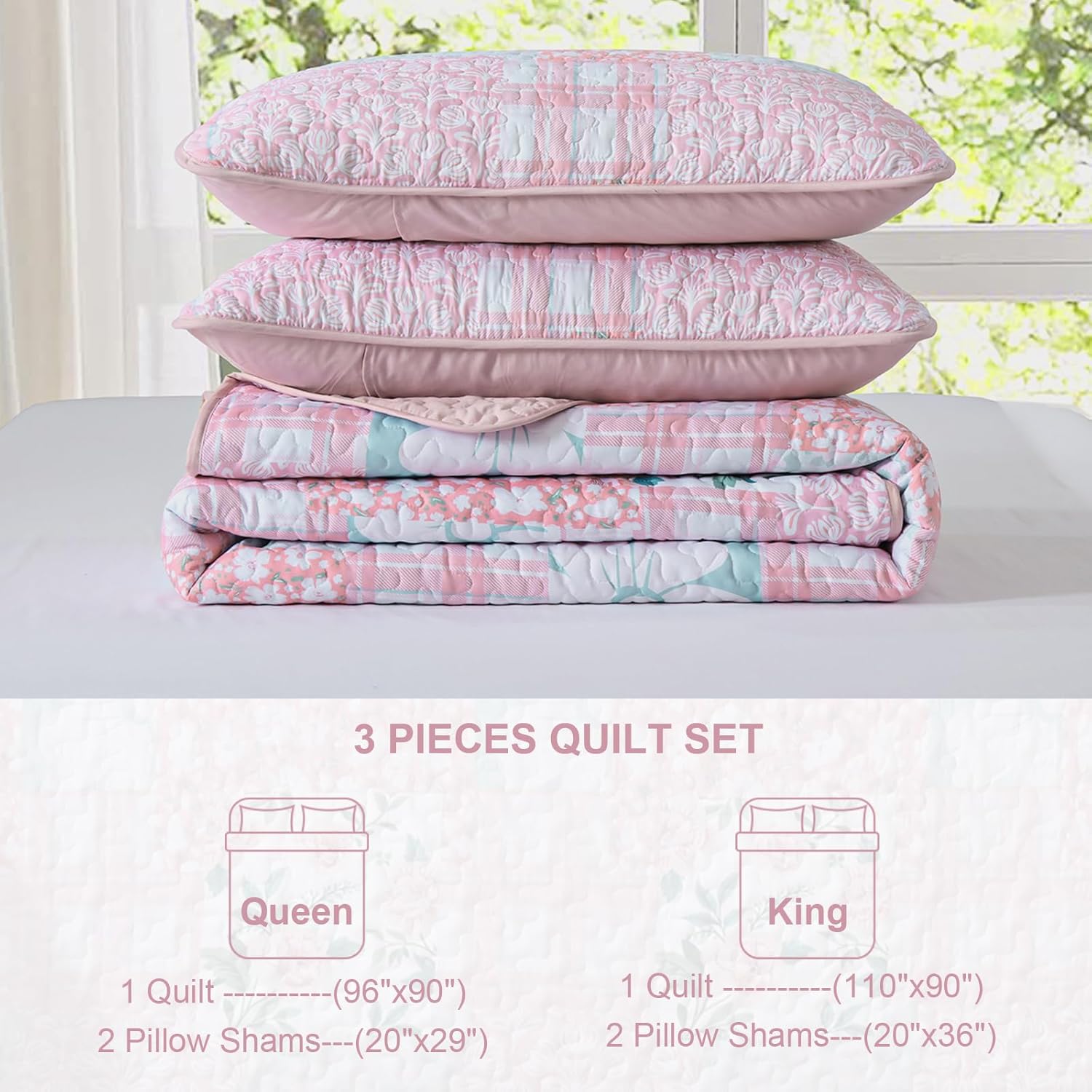 Dinjoy Pink Patchwork Quilt Set King Size,Reversible Floral Plaid Patchwork Summer Bedspread Coverlet Set, 3 Pieces Soft Microfiber Reversible Lightweight Bed Cover for All Season (110"x90")