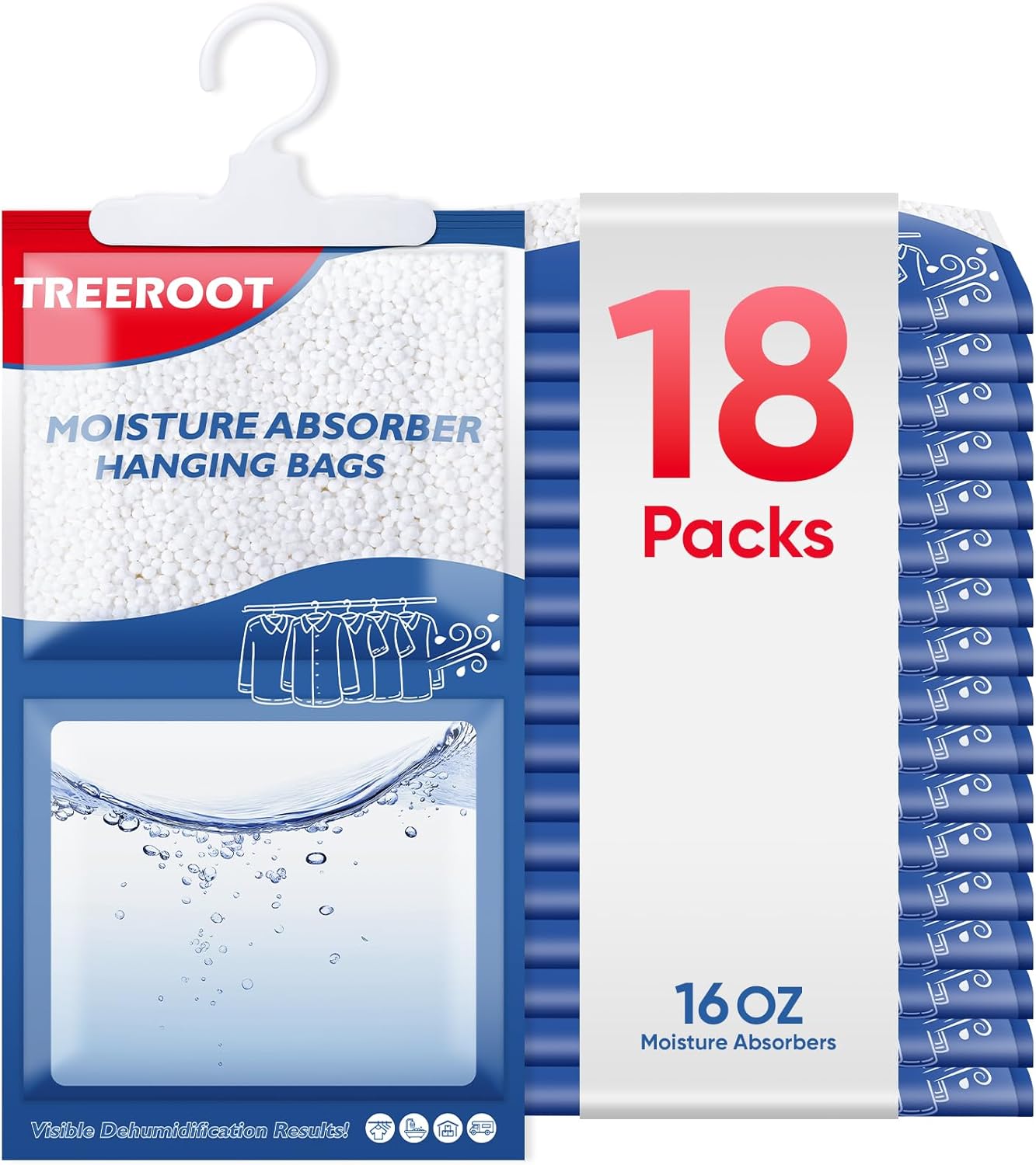 18 Pack Moisture Absorbers for Closet, 16OZ Hanging Closet Dehumidifier Bags, Hanging Humidity Absorber in Wardrobes, Kitchens and Bathrooms, Fragrance Free Portable Moisture bags