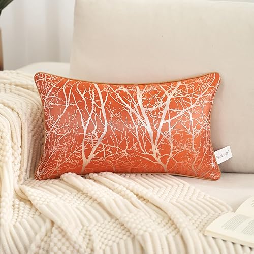 Aeckself Funda de cojín rectangular moderna de jacquard, diseño de ramas de árbol naranja y plateado, funda de almohada decorativa de lujo para