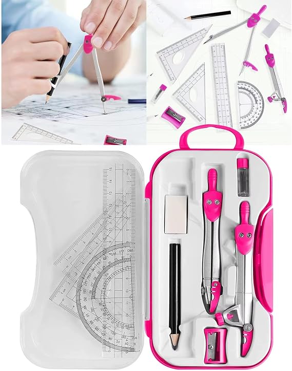 School Compass, 10-Piece Set, Math Compass, Geometric Compass, Math Set, Protractor, Ruler Set, Triangular Ruler, Math Ruler Set, Clear Case Included, Pink, Red