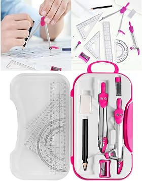 School Compass, 10-Piece Set, Math Compass, Geometric Compass, Math Set, Protractor, Ruler Set, Triangular Ruler, Math Ruler Set, Clear Case Included, Pink, Red