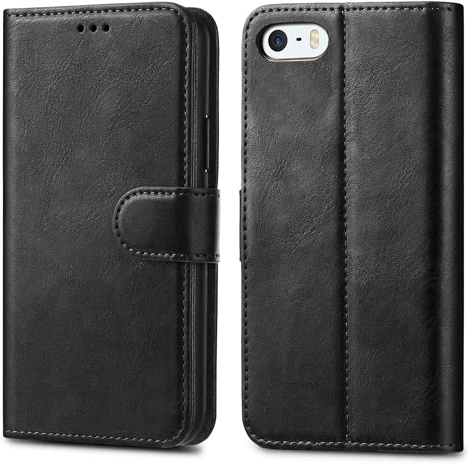 GAPlus iPhone SE 5 5S Case Premium Leather Flip Wallet Case Cover Pouch For iPhone SE 5 / 5S and Screen Protector With Polishing Cloth And Stylus (Black)