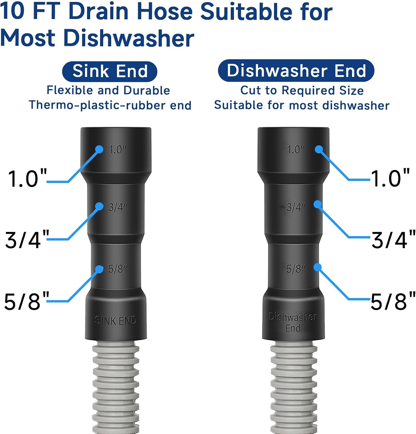 10 Ft Dishwasher Drain Hose Extension Corrugated and Flexible Dishwasher Hose Drain Replacement Discharge Hose Fits (Dishwasher End Size：5/8", 3/4", 1" Sink End Size：5/8", 3/4", 1")