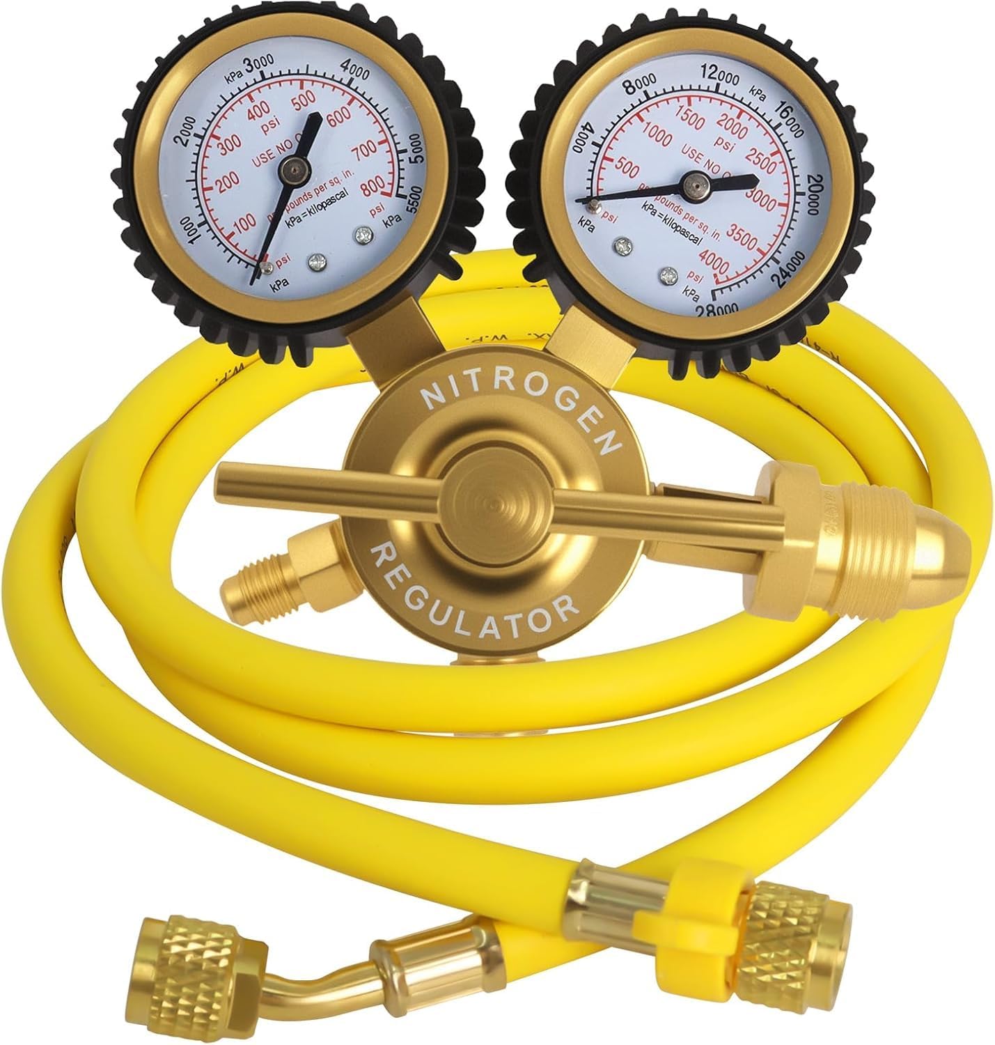 Nitrogen Regulator 0–800 PSI CGA580 with Dual Gauges & 60" Reinforced Hose, 1/4" Male Flare Outlet – Solid Brass Nitrogen Tank Pressure Regulator for HVAC Purging, Leak Testing & Charging Systems