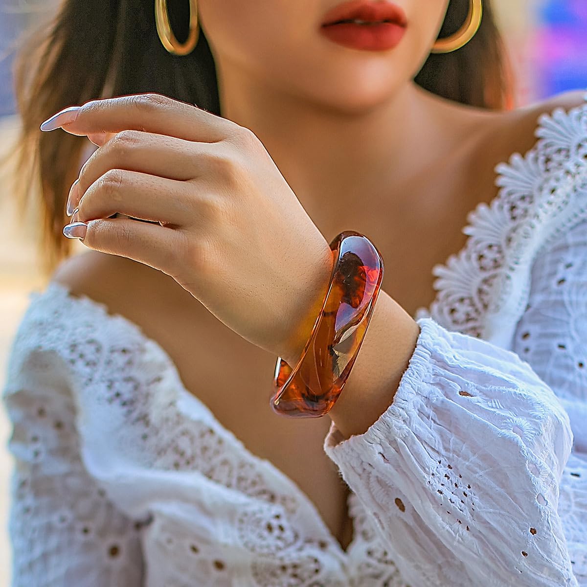 ALEXTINA 4Pcs Acrylic Big Bangle Bracelets for Women, Colorful Geometric Chunky Resin Bangles Set Wide Dome Shape Bangle Acrylic Resin Fashion Holiday Jewelry for Everyday Wear - Image 7