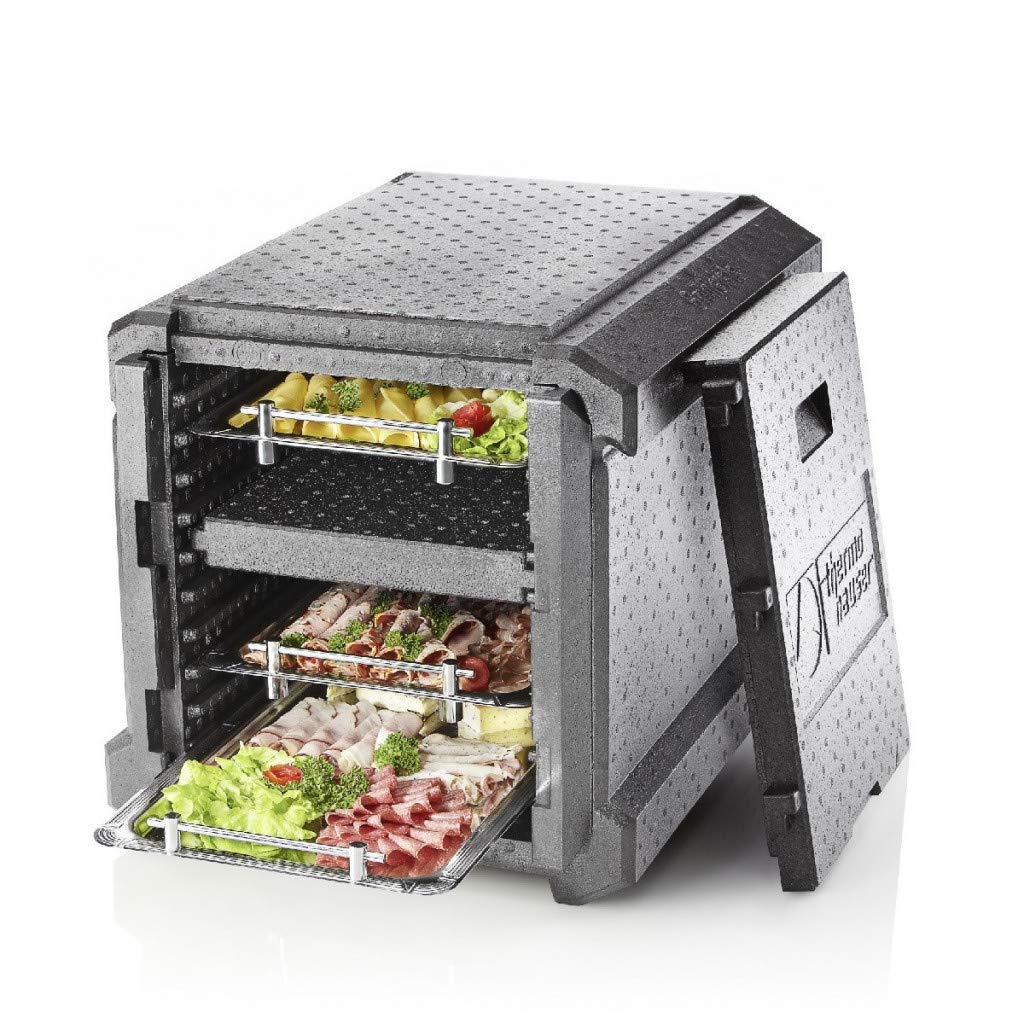 thermohauser EPP Thermobox Combi Junior GN 1/1 para 70 litros – 63 x 50 x 50 cm – Bandeja frontal con 10 ranuras y 1 barra de separación para transportar bandejas GN, color negro