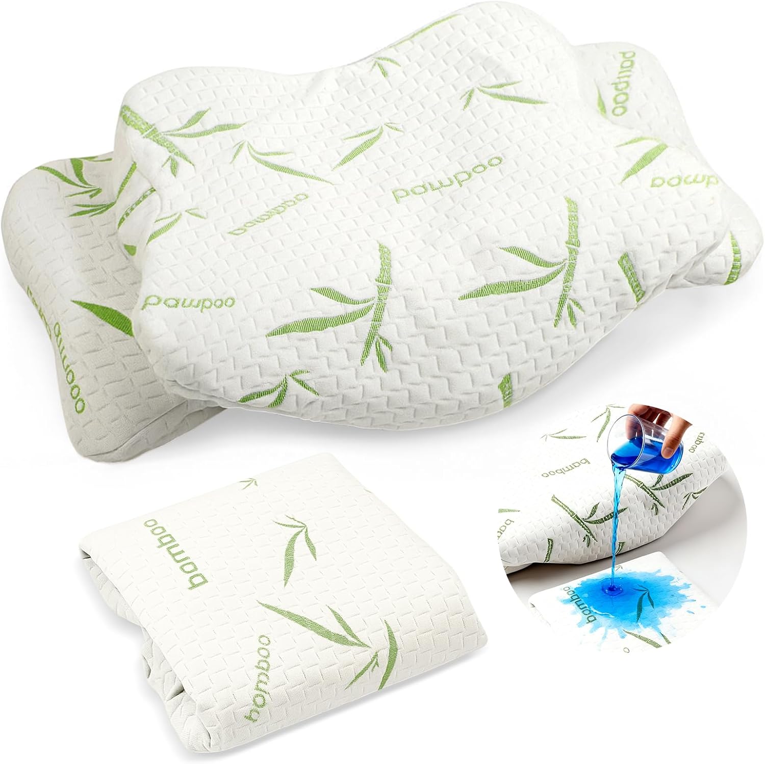 Cooling Cervical Pillowcase (Only Pillowcase) Waterproof Bamboo Neck Pillow Case Ergonomic Pillow Case Cover with Zipper for Side Back Stomach Sleepers(Standard Size,White Green) White Green Standard Size