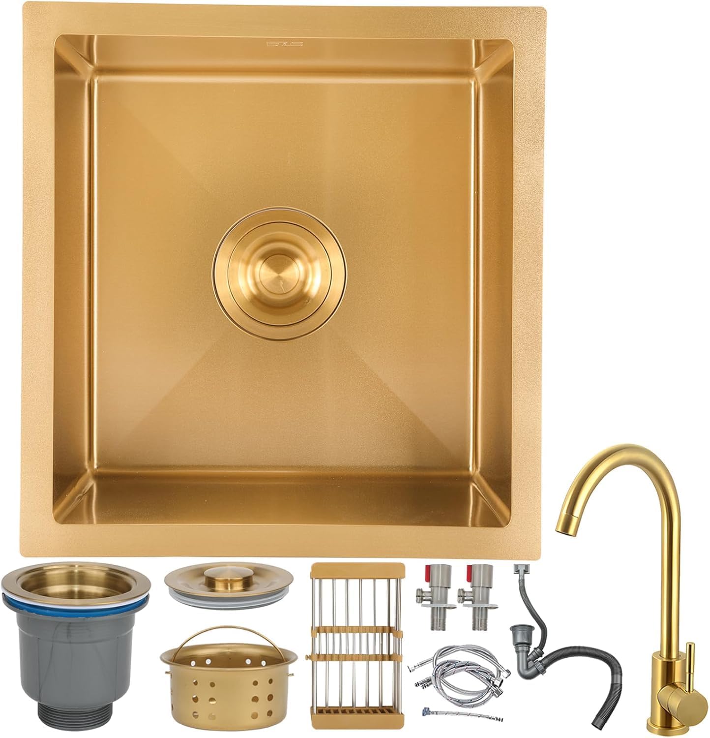 Gold Stainless Steel Square Sink 75x45cm with Golden Faucet, Handmade Prep Sink with Drain Kit, Easy-Clean Nano Finish, Perfect for Bar/prep Areas Gold-Faucet#01 45x45cm